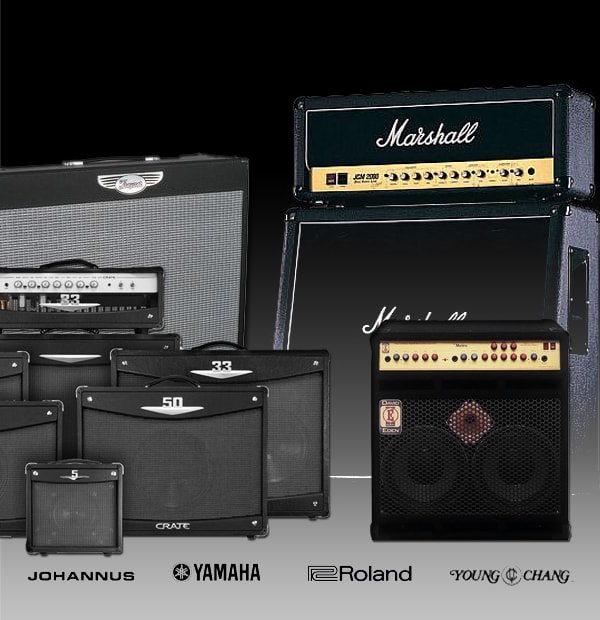 Amplifier selection at Millbank Music — Marshall, Fender, Traynor, Eden, Crate and Roland