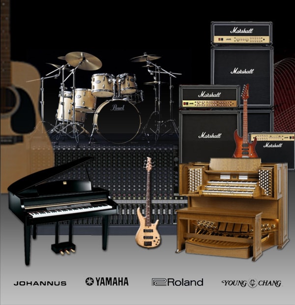 Full band setup — piano, drums, guitars, Marshall amplifiers
